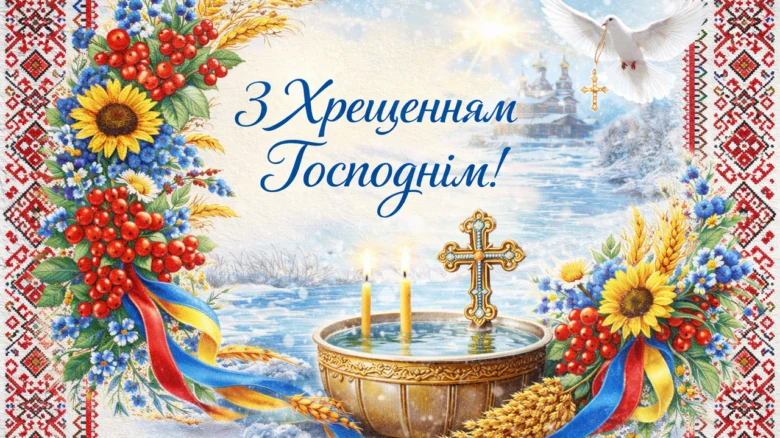 Водохрещення: хрест, свічки, голуб та квіти на фоні церкви.