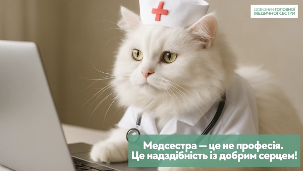 Кіт-медсестра у білому одязі з стетоскопом та ноутбуком