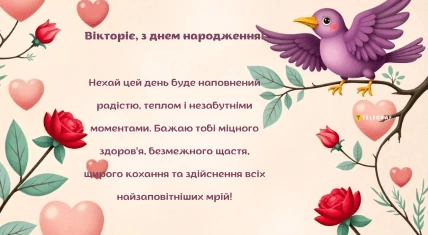 Квіти та птах на вітальній картці з днем народження Вікторії