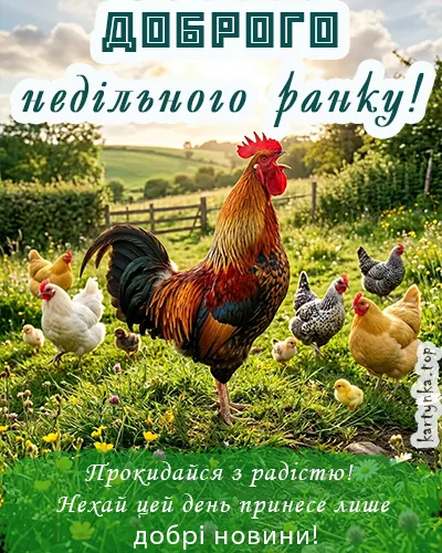 Курка з курчатами на траві, привітання для недільного ранку.