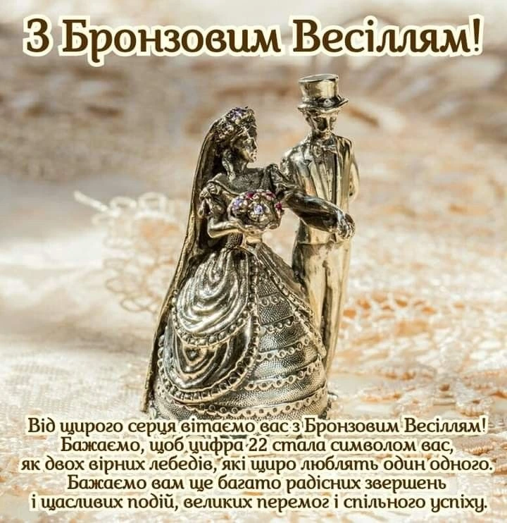 Бронзове весілля: фігурка наречених на тлі мережива