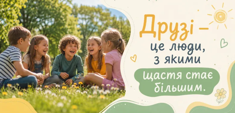Діти сміються на траві, привітання з Днем дружби.