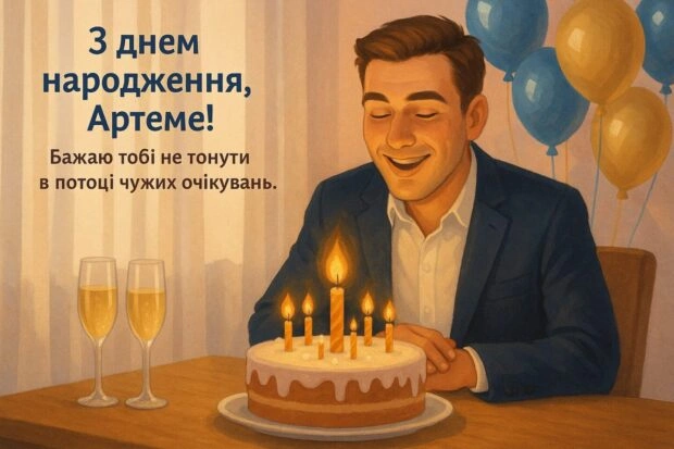 Чоловік з тортам на день народження Артема.