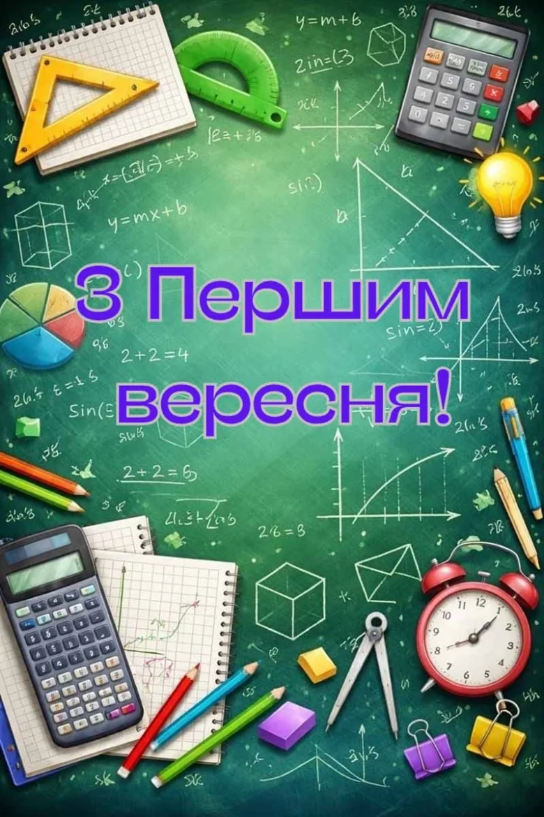 Яскравий вітальний листівка з шкільними приладдями та математикою на тему першого вересня
