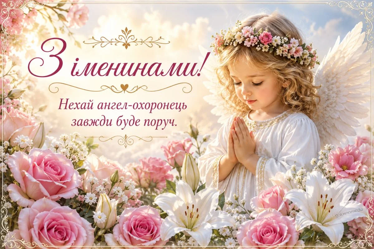 Картка з днем ангела: дитина-ангел серед квітів