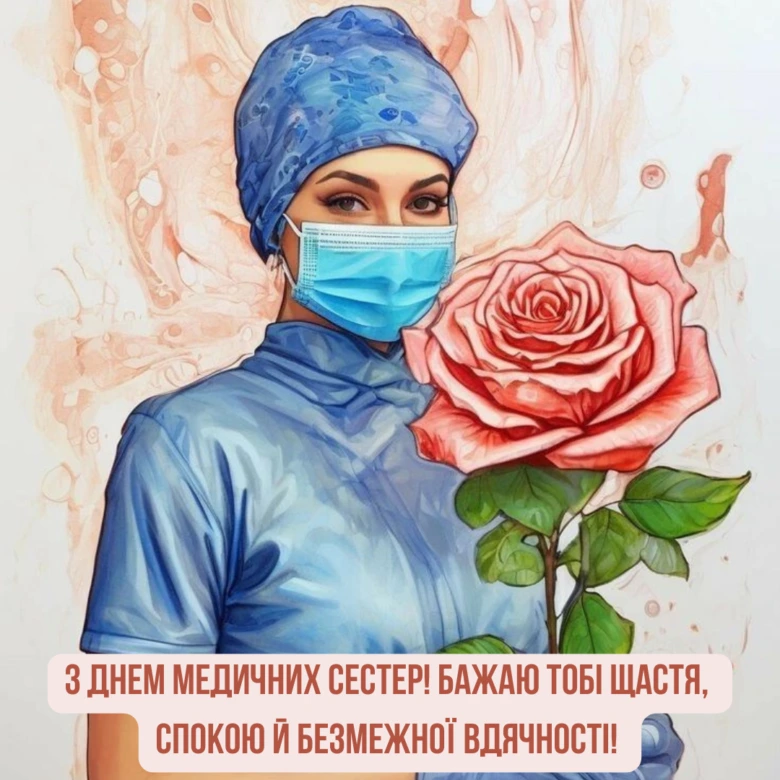 Медсестра в синьому халаті тримає рожеву троянду.