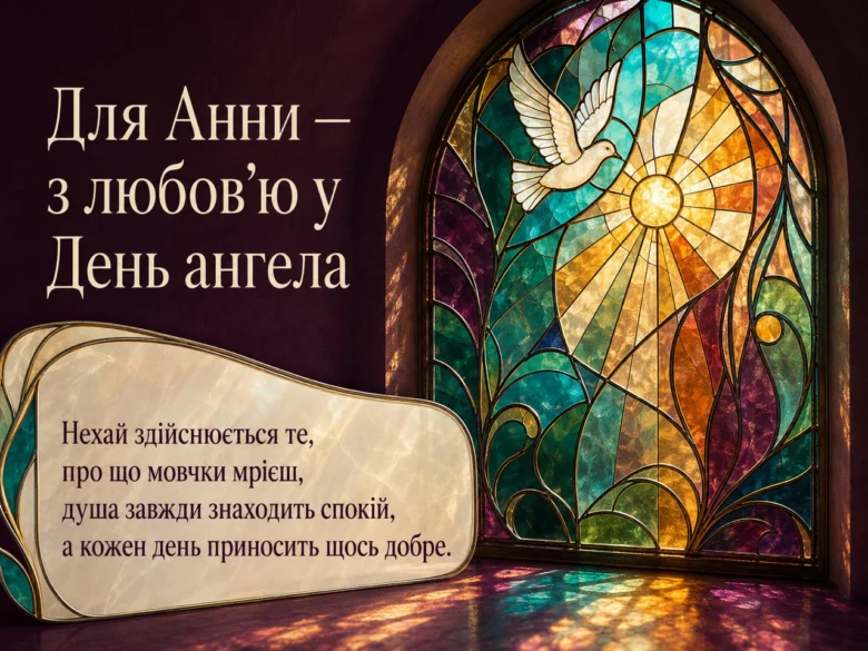 Привітання з днем ангела Анни: голуб над сонцем у вікні.