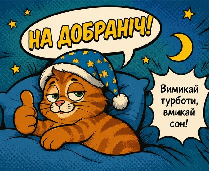 Кіт у шапці зірками каже: «На добраніч!»