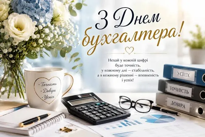 Квіти та канцелярія з привітанням бухгалтеру українською