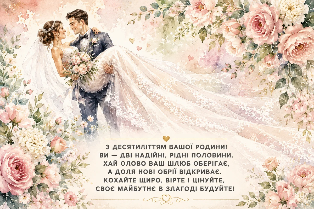 Весільна пара з квітами та привітанням на десятиріччя.