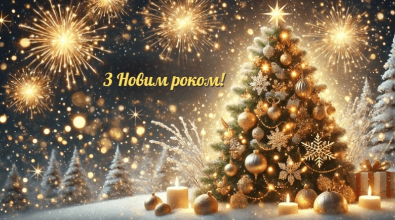 Різдвяне дерево з вогнями та феєрверками на Новий рік.