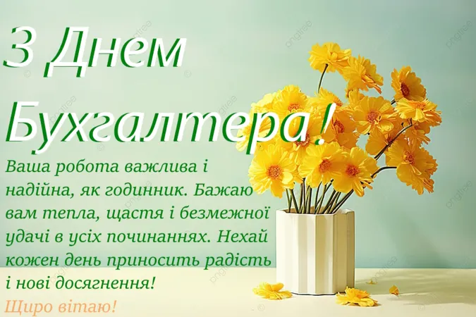 Жовті квіти в кашпо на світлому фоні з привітанням бухгалтеру українською.