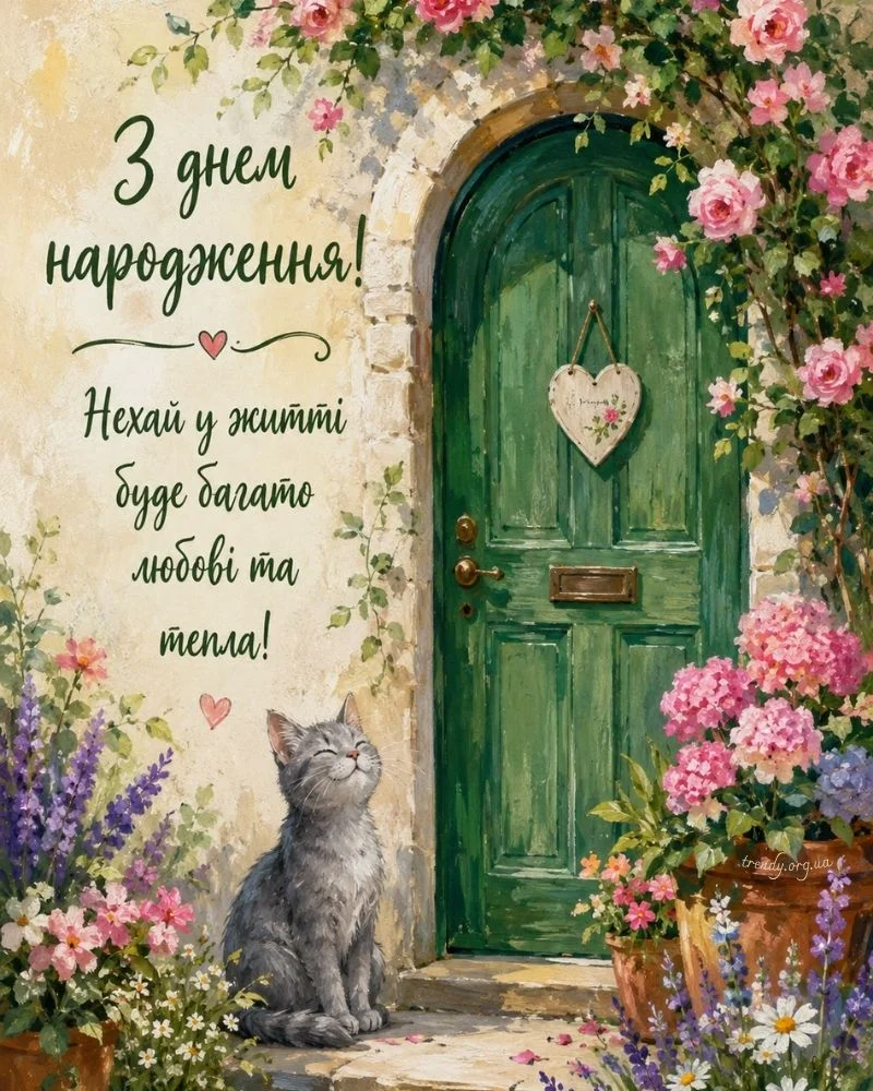 Кіт біля зеленої двері з квітами та вітанням на день народження.