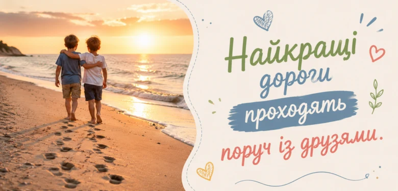 Два хлопчики йдуть узбережжям під час заходу сонця.