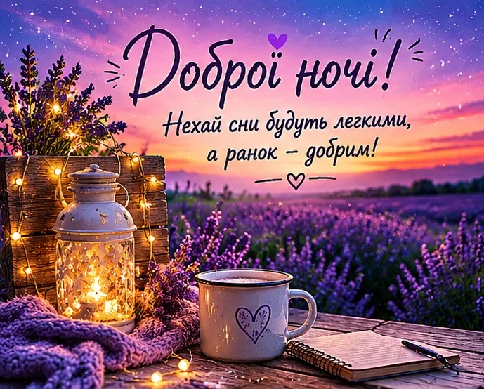 Побажання доброї ночі на фон лаванди та свічки